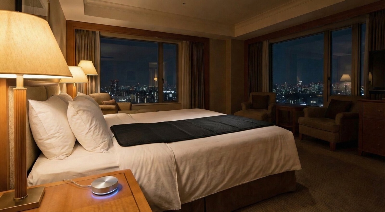 Eight Sleep Travel Pod Edition in a hotel room with city skyline view